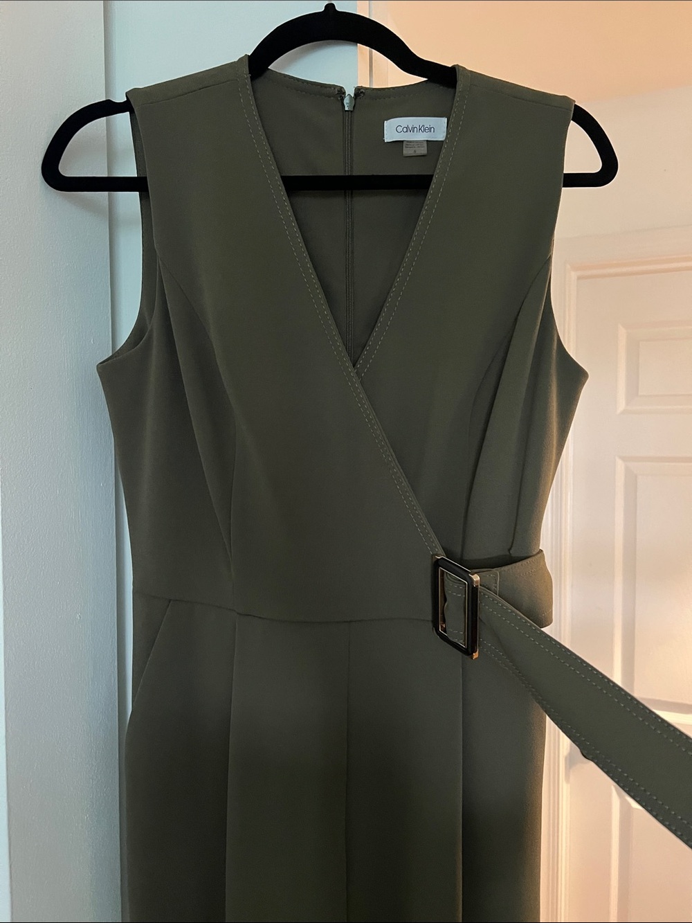 Calvin Klein Olive Wrap-Front Sleeveless Midi Dress with Belt